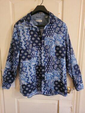 Tommy Bahama Tortola Men XXL Blue Colorblock Patchwork Tencel Cotton Long Sleeve